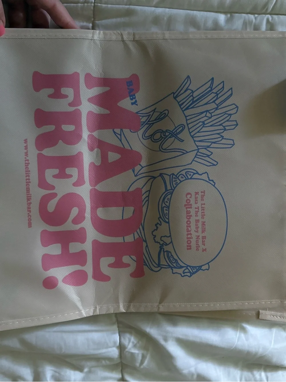 Little Milk Bar Made Fresh Reusable Tote Bag and birth announcement